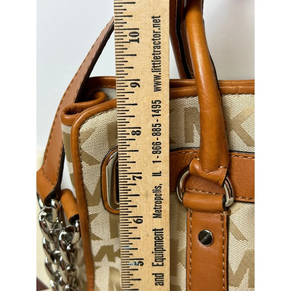 Michael Kors Hamilton Satchel Monogram Canvas Tan Leather Crossbody Bag Dust Bag